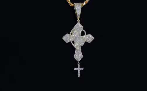 Mens VVS Genuine Diamond Moissanite Hip Hop Cross Chain Pendant Prayer Hands Holding Rosary Pendants Charms