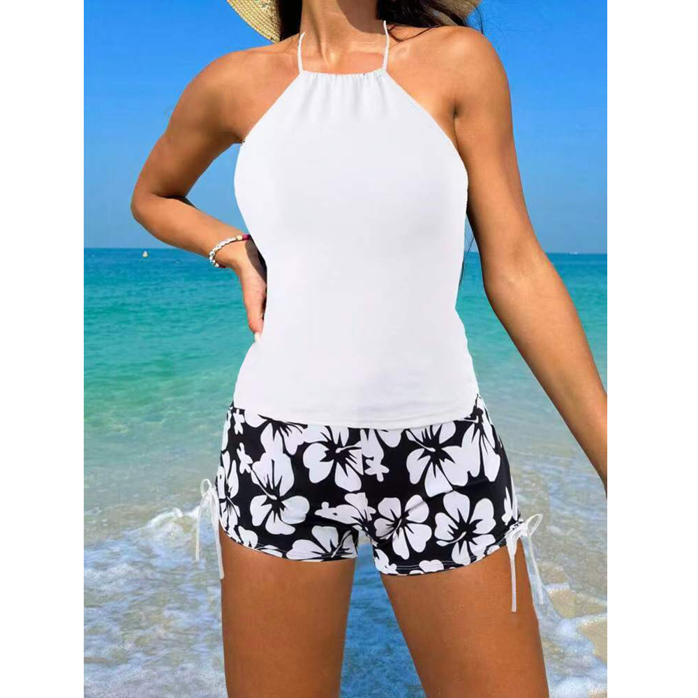 2025 New Split Neck Strap Drawstring Printed Flat Angle Pants Set Swimsuit