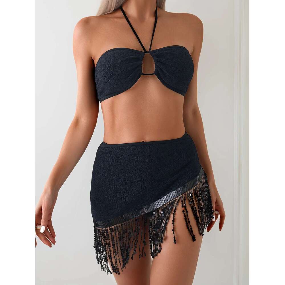 Solid Color Women's 3-Piece Tassel Skirt Swimsuit Sexy Halter Hollow Bikini Set High Waist Backless Beach Vacation Swimwear 2024