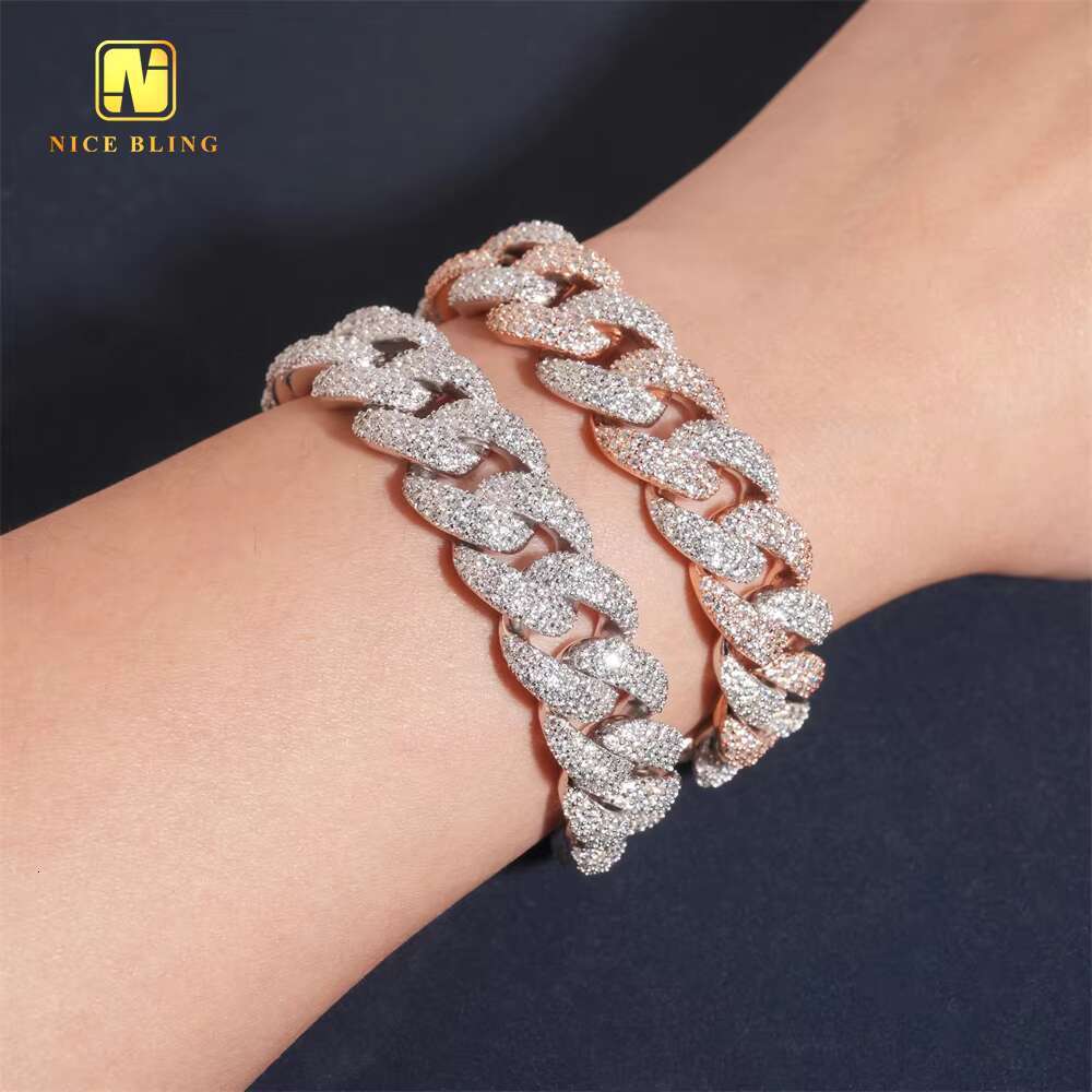 15mm Silver Plated Custom Iced Out VVS Moissanite 925 Silver Two Tone Hip Hop Style Jewelry Diamond Cuban Link Chain Bracelet