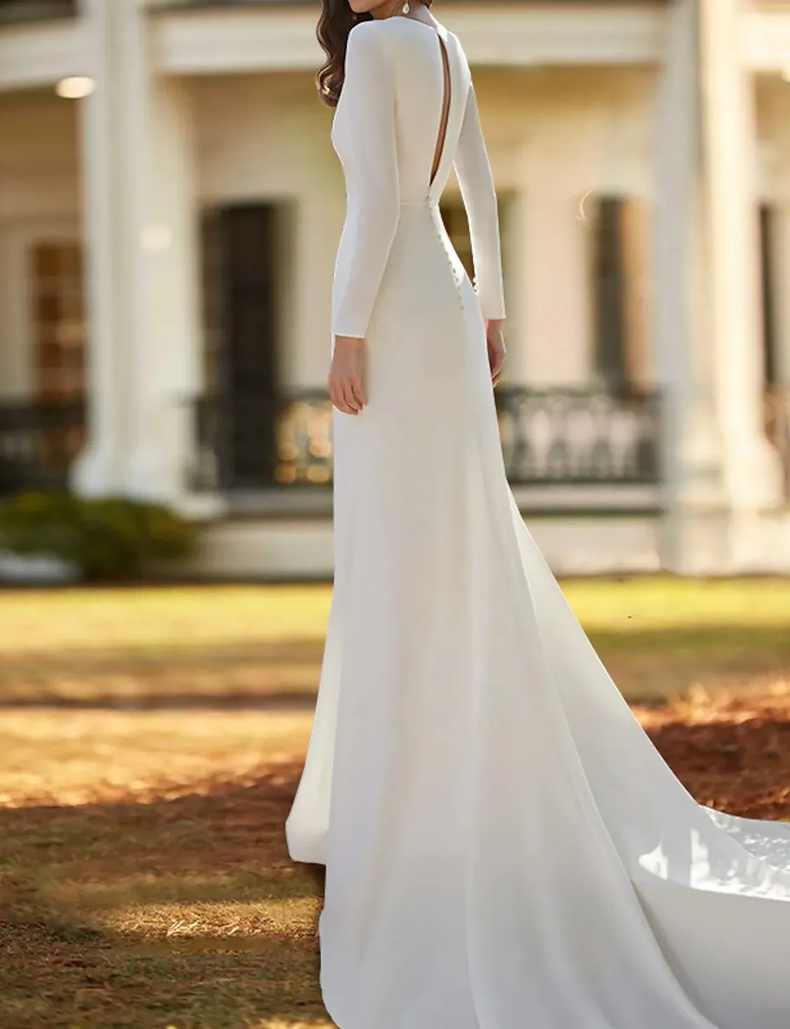 Long Sleeves Satin Wedding Dress Front Slit Simple A-Line Bridal Gown Deep V-Neck Pleats Elegant Bride Dress Customized