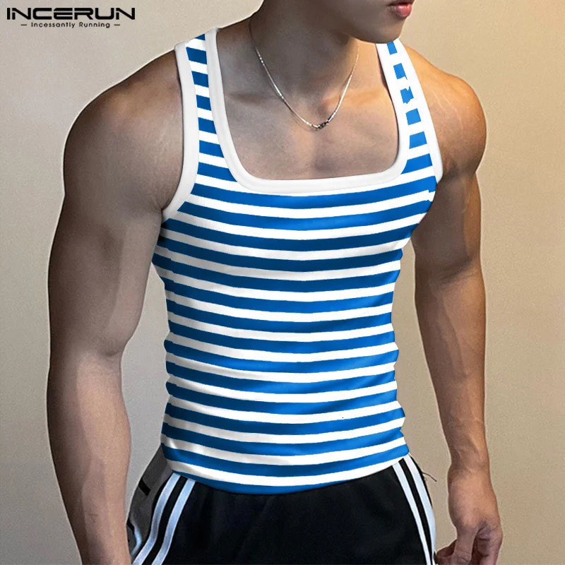 INCERUN Mens Striped Tank Top Square Collar Sleeveless Fitness Summer Mens Street Clothing Fashion Casual Mens Clothing 250403