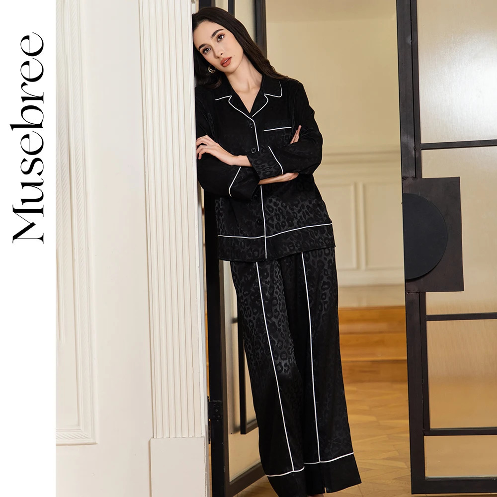 Womens Elegant Leopard Print Pajama Sets Ladies Simply Black Long Sleeve Pajamas Spring Sleepwear Women Loungewear Set 250402