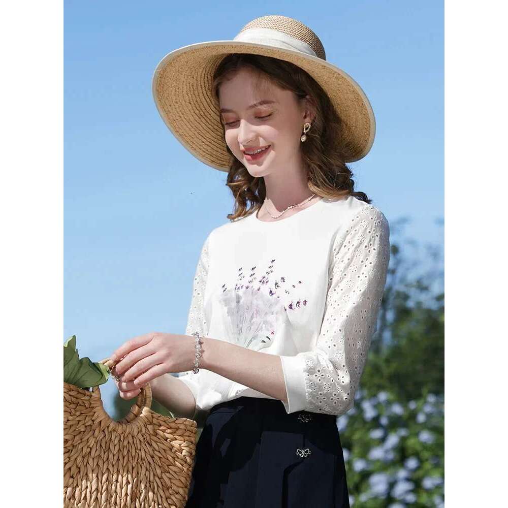 Hollow Out Splicing Printed Women's T-Shirts Clothes Female Spring New Unique Chic Slim Tops
