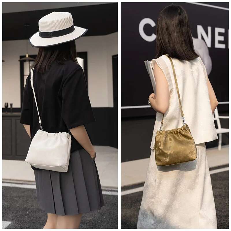 New Women Simple Bucket Female Fashion Sier Shoulder Bag Lady Soft Cowhide Split Leather Crossbody Messenger
