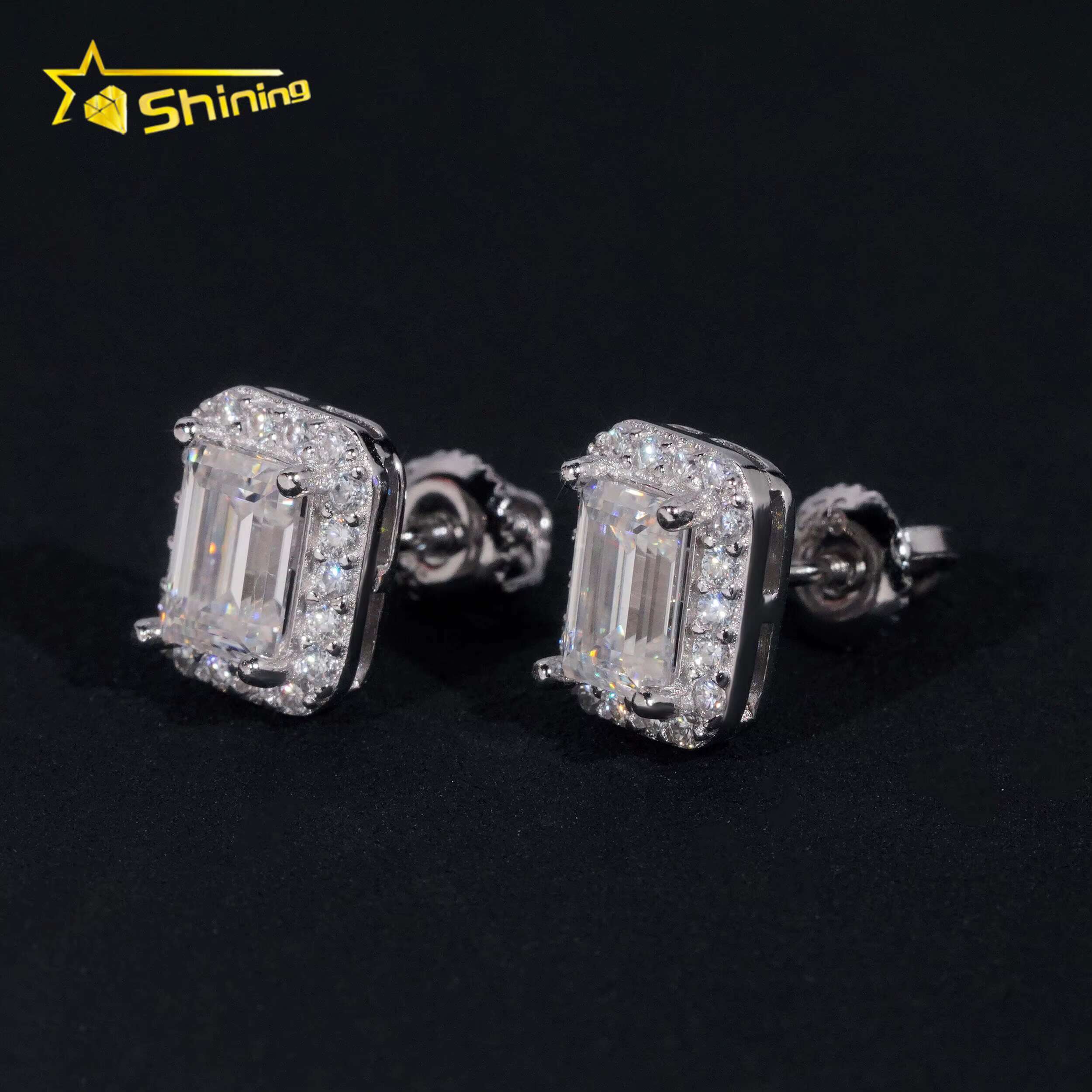 New Arrival Hip Hop Design Iced Out Emerald Cut Moissanite Stud Men Fine Sterling Sier Earrings Jewelry
