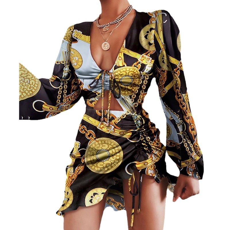 2025 New Womens Dress with Ruffled Leopard Print Long Sleeves and Hip Hugging Sexy Drawstring Dress