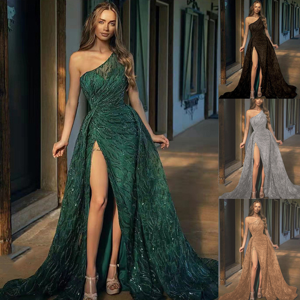 2025 Spring/summer New Womens Slant Shoulder Split Long Skirt Toast Dress Sparkling Strap Evening Dress