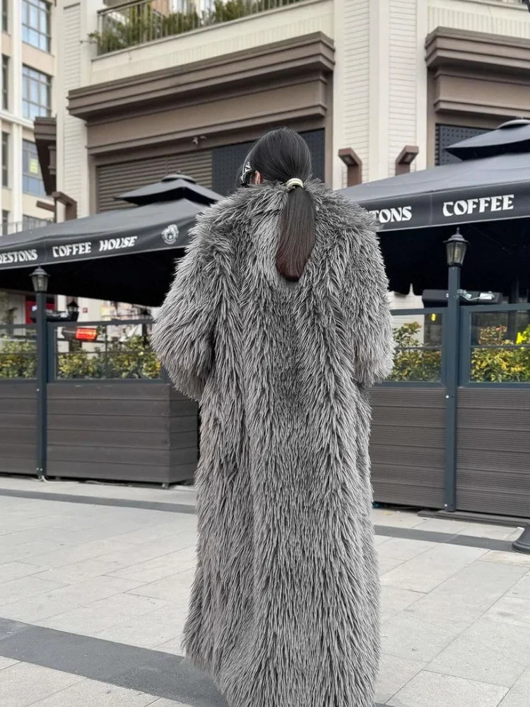 Chic Grey Fluffy Faux Fur Overcoat Women Lapel Full Sleeve Warm Loose Long Coats Lady Winter Daily Street Outwear 251028