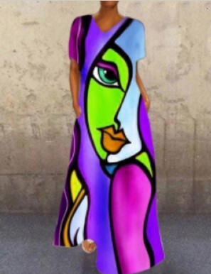 2025 New Dress Portrait Cat Print V-neck Four Sided Elastic Long Dress