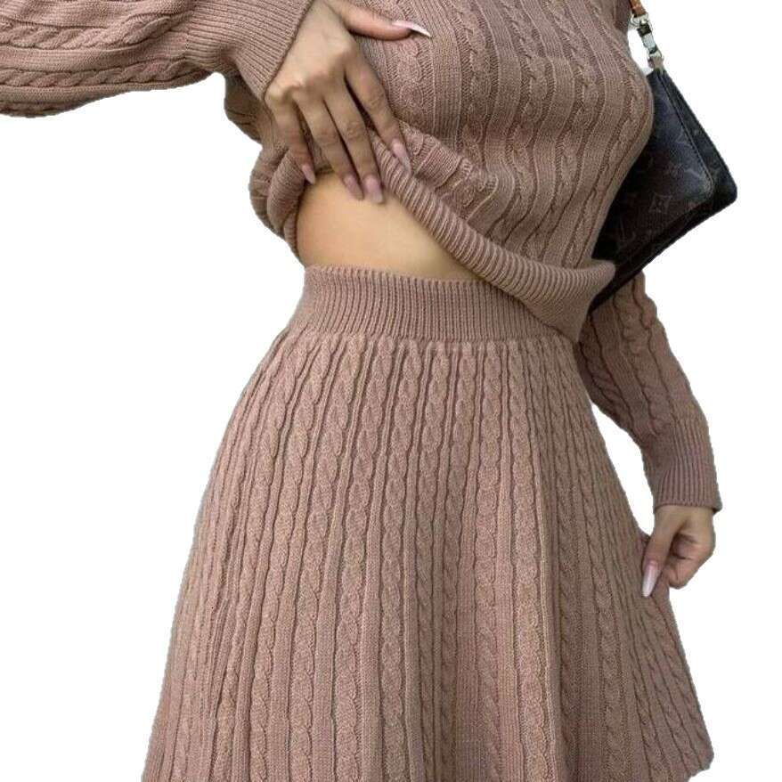 2025 Autumn New European and American Women's Polo Collar Knitted Sweater Patchwork Short Skirt Fashion Set In Stock Hot Sale