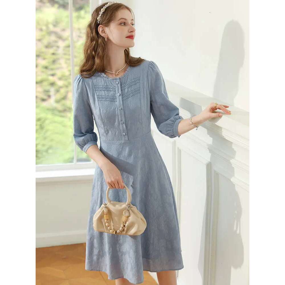 Blue French Dresses For Women Lace Collar Seven Lantern Sleeve Cotton Spring New A-E Lady Dress