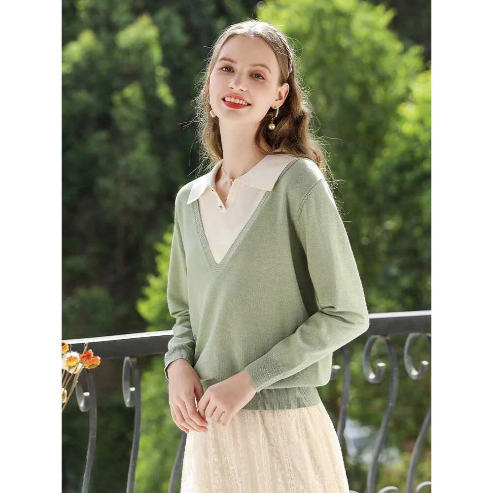 Knitted Sweaters Women Autumn Polo Collar Fake Two New Unique Chic Patchwork Straight Pullovers