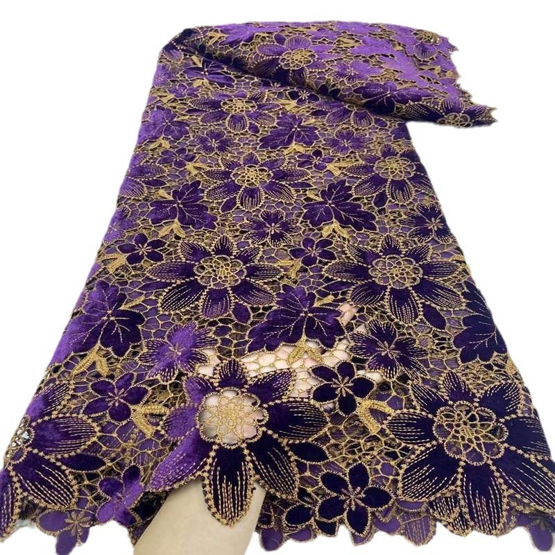 African Guipure Lace Fabric With Velvet 2024 High Quality Lace Nigerian Cord Lace Fabric Laser Embroidery Lace Senegal Style 240618