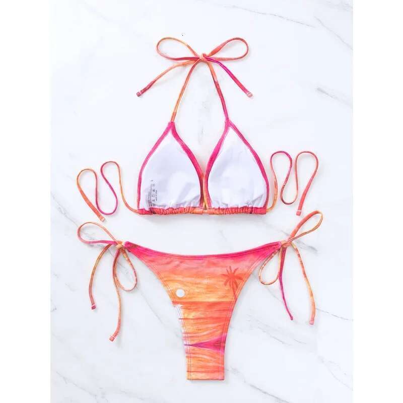 2024 Beach Print Swimsuit for Women,2-piece 3-point Bikini,rose Red,low Waist Thong,drawstring Lace-up,V-neck Suspender,backless