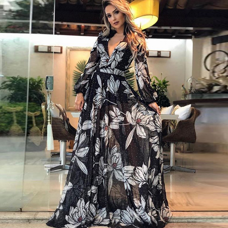 2025 New Womens Dress Sexy Deep V-long Sleeved Printed Fashionable Long Skirt