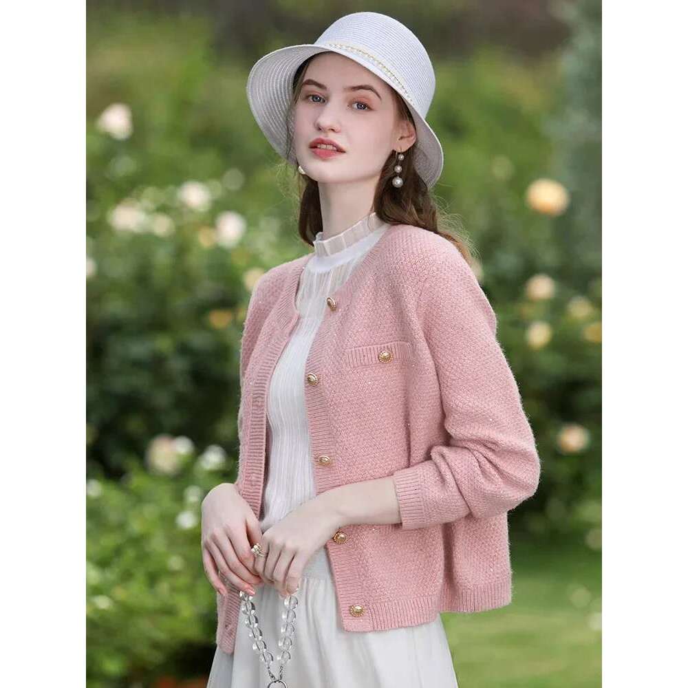 Fall Clothes Women New Fashion Tweed Pink Shorts Knitted Jacket Casual Female Cardigan Coat