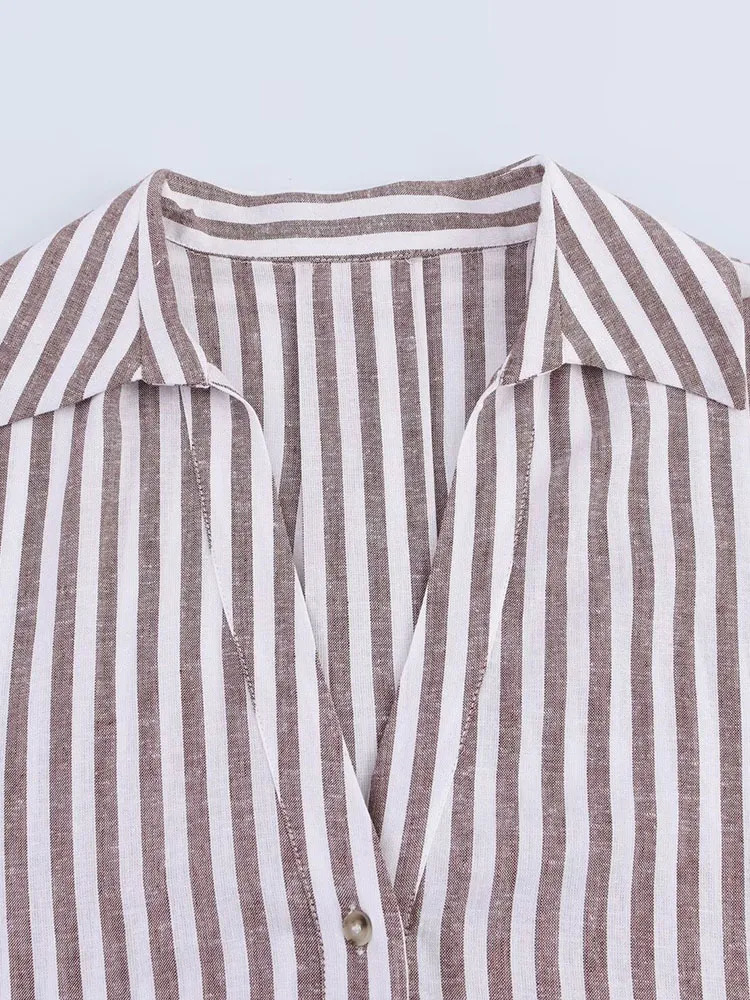 Women Summer Linen Shirts Blouses Tops 2025 Vintage Striped Loose Female Elegant Street Top Clothing 250402