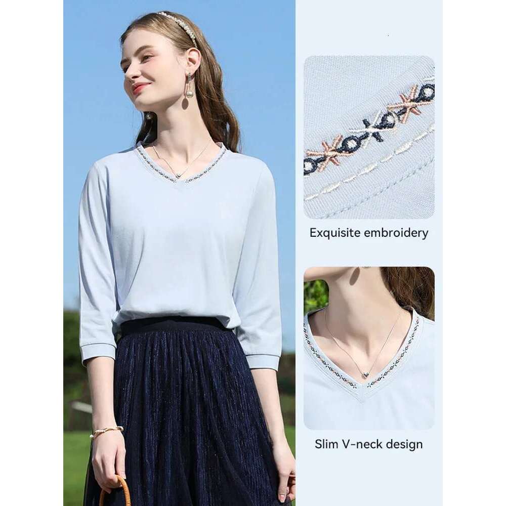 Blue V-Neck Embroidered T-Shirt Top For Women Spring Three Quarter Sleeved Tees Solid Casual Tops