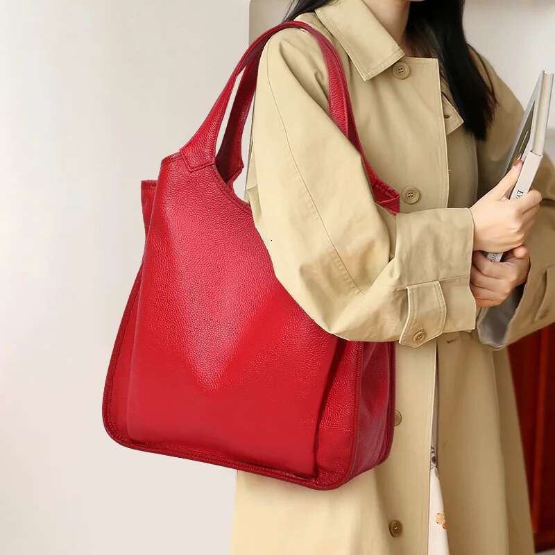 Aidrani Fashion Genuine Leather Large Capacity Women's Handbag Casual Red Cowhide Underarm Shoulder Bag