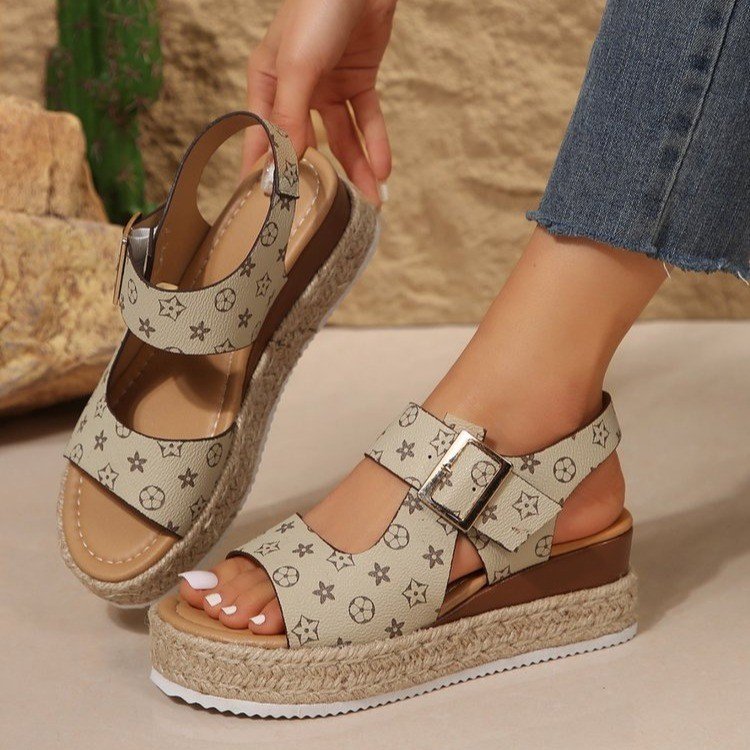 designer shoes 2025 Large size one-strap buckle mid-heel 3-5cm rubber open-toe platform sole