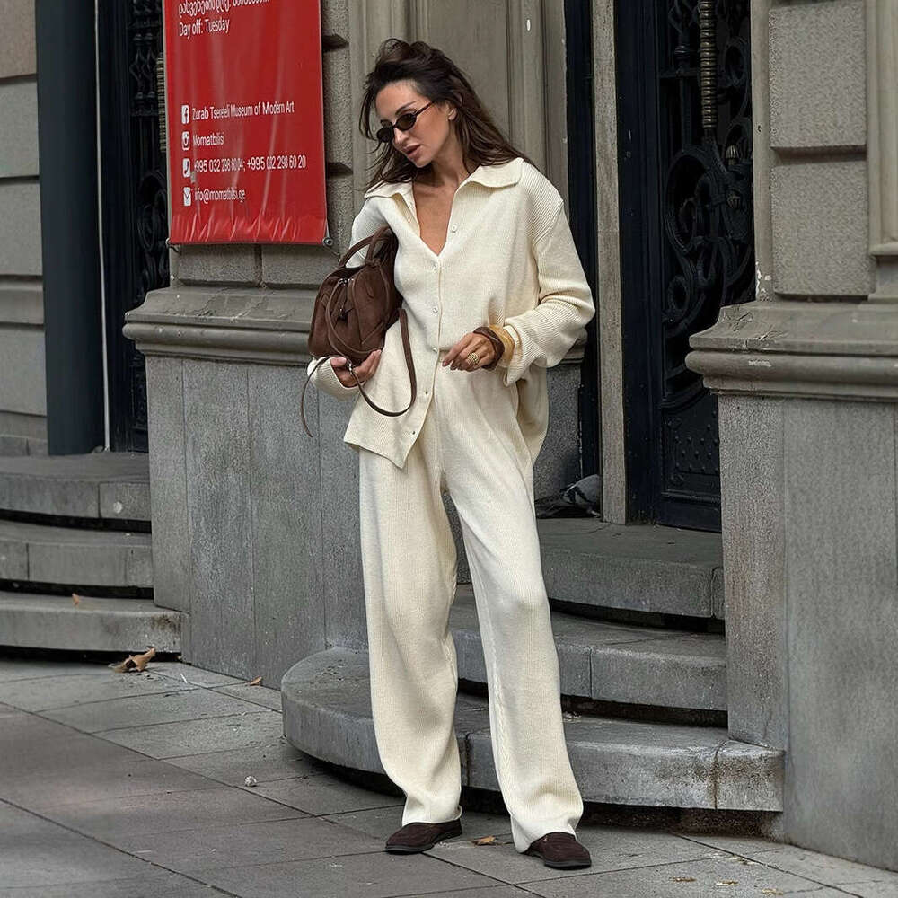 Cross-Border Turn-Down Collar Long Sleeve Knitted European and American 2025 Autumn Winter New Style Elegant Loose Commuting Ribbed Sweater Suit