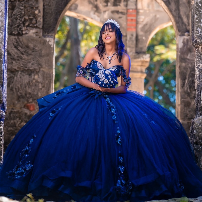 Royal Blue Shiny Princess Quinceanera Dresses Off Shoulder Appliqued Lace Beads Tull Sweet 16 Dress Ball Gown Vestidos De XV 15 Anos