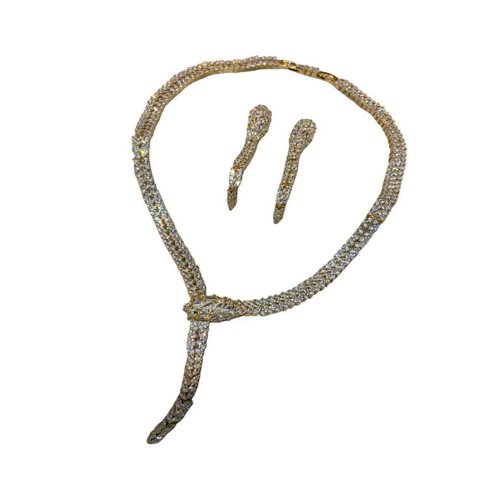 Luxurious Heavy Craft Pink Prom Performance Necklaces gold Micro Inlaid Party Dress Matching Elegant Earrings Set