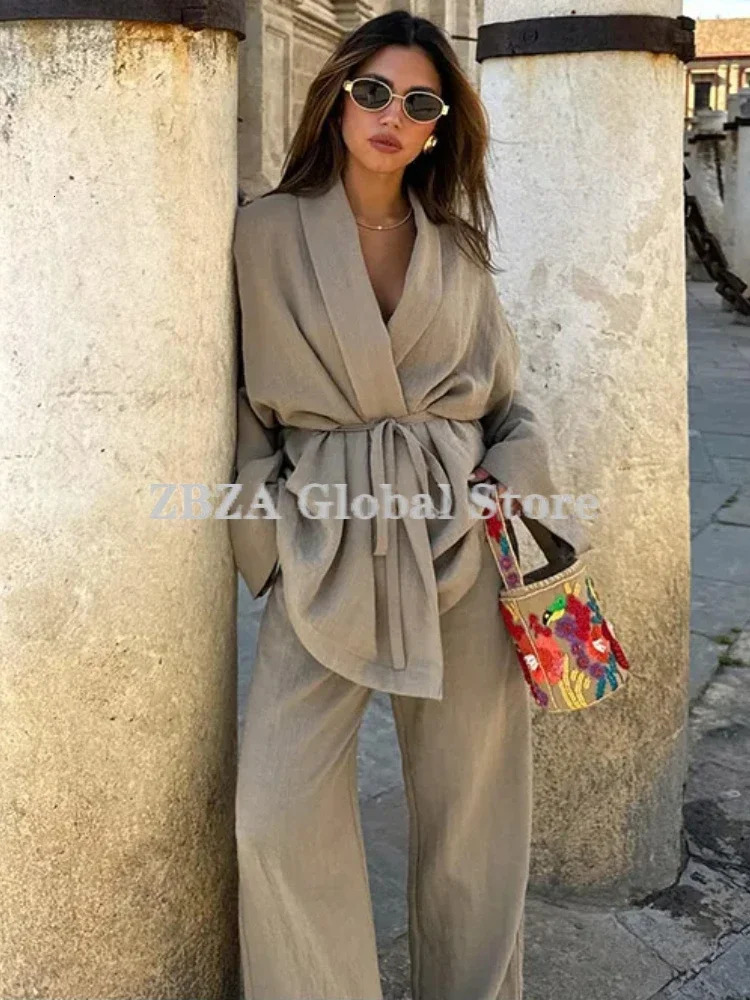 ZBZA womens textured lace top pants set lapel long sleeved shirt stretch elastic loose wide leg fashionable clothing 250403