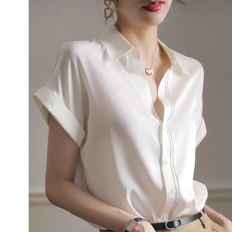 White Silk Shirts Women Spring Short-sleeved Loose Silk Tops With High Short Temperament And High Quality Silk T-shirt 250402