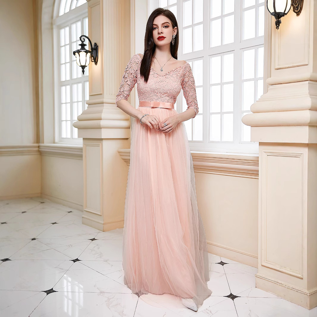 New Solid Color Off-Shoulder Slim Elegant Long Mesh V-Neck Evening Dress 250829