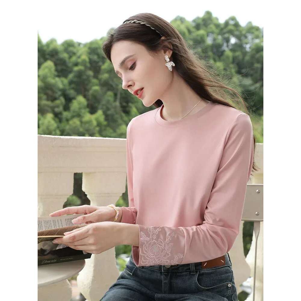 New Chinese Style Pink Embroidery Long Sleeved T-Shirt For Fall Clothes Women Slim Fit Top