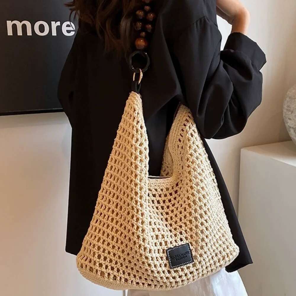 Handbag Beach Summer Holiday Woven Tote Women's Large Capacity Shoulder Bag Cotton Rope Hobo Bags With Bead Strap For Travel