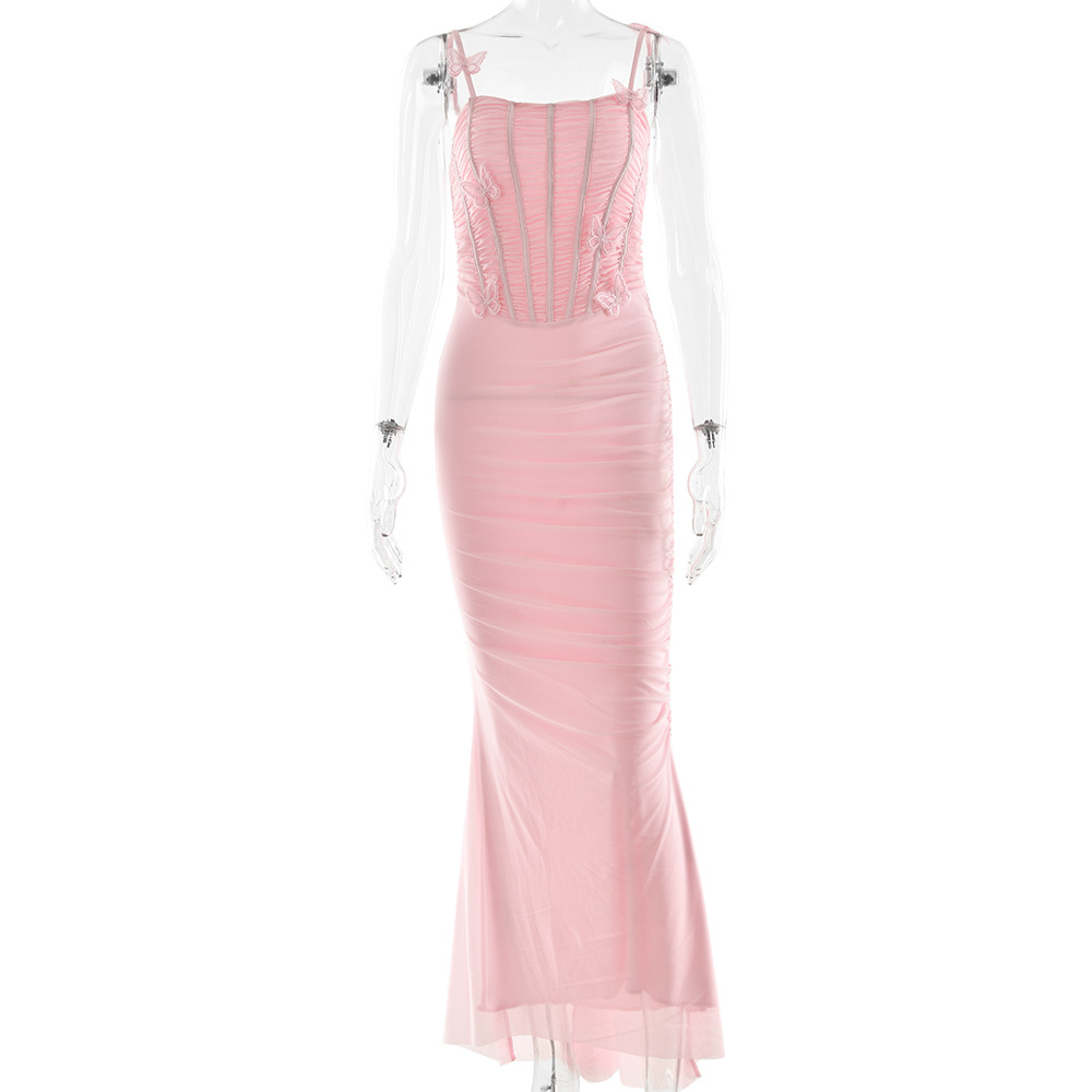 S23 Summer Temperament Women's Long Skirt New Fashion Sexy Backless Pleated Suspender Dress