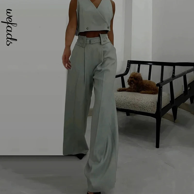 Wefads Womens 2piece Summer Fashion Solid Vneck Sleeveless Double breasted Button Top with Belt Straight Pants Set 250403