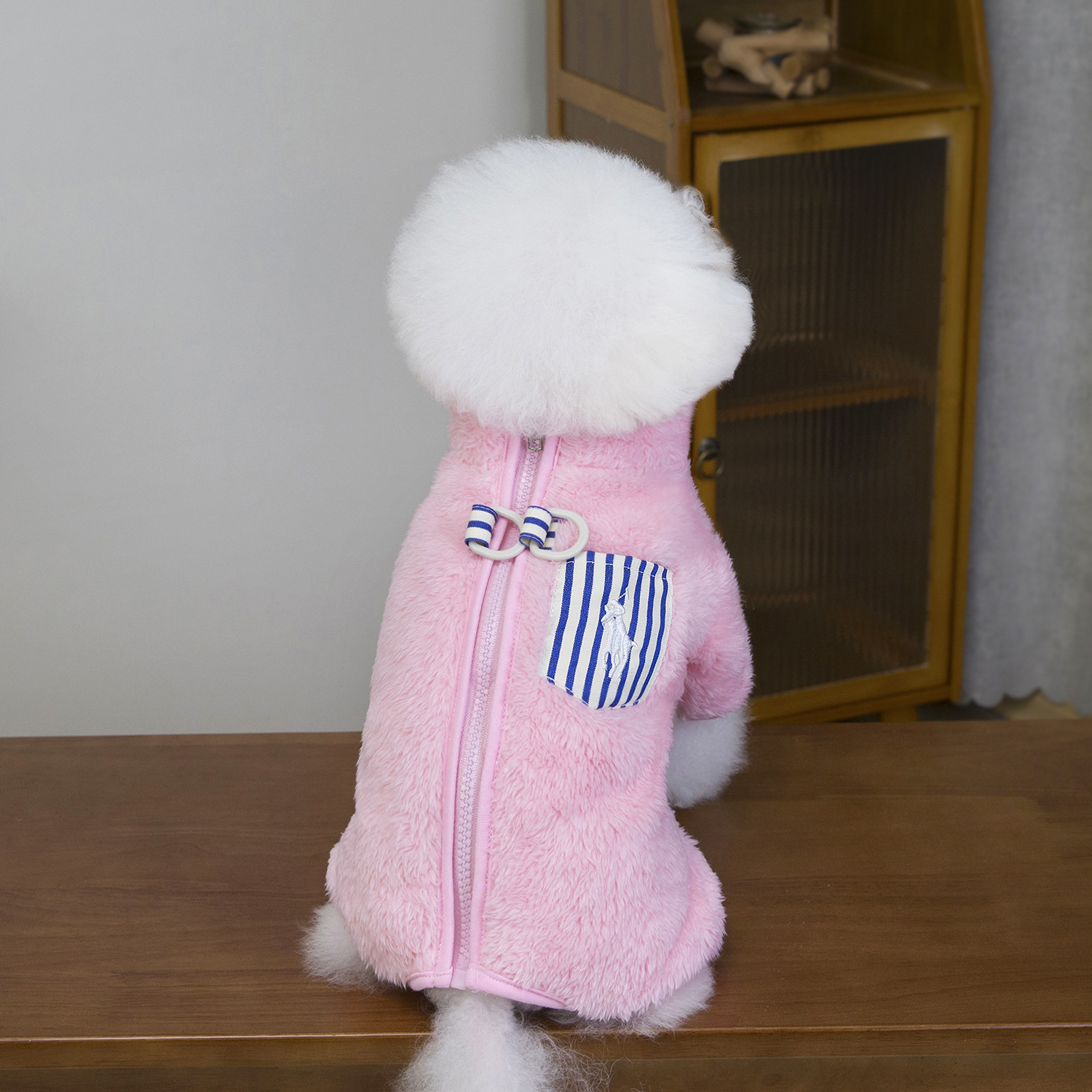 Soft Fleece Pet Dog Jumpsuit, Warm Winter Dog Clothes with Cute Embroidery & Striped Pocket, for Small Medium Dogs, Fashionable Outfit with Zipper Des