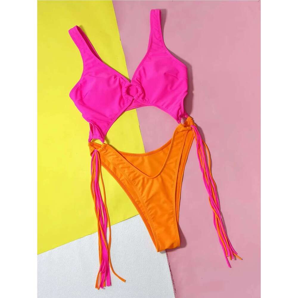 2025 Rose Red Patchwork One Piece Swimsuit Women,high Waist Thong Hollow Out Lace-up Backless Bikini,summer Monokini Swimwear