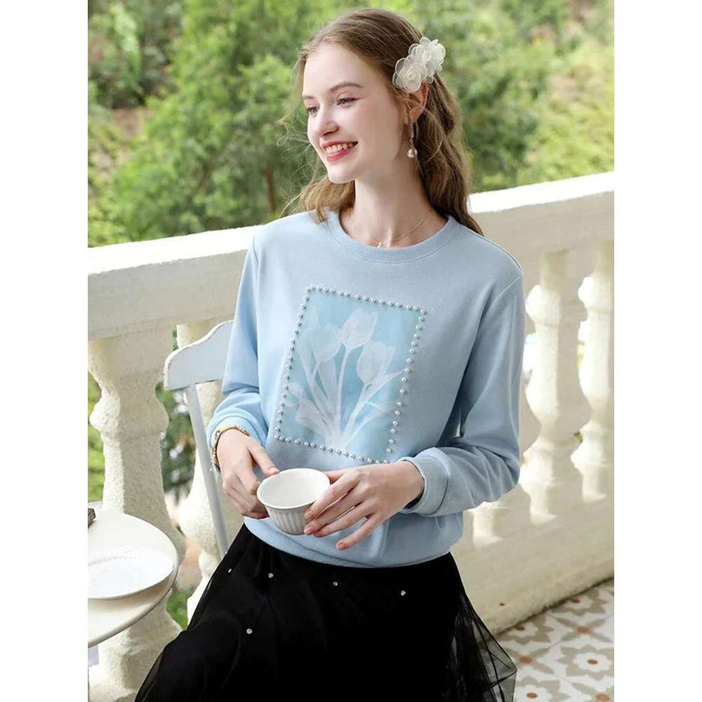Blue Loose Hoodies Women Nail Bead Print Round Neck 2025 Autumn New Fresh Tops Soft Knitwears Jumper
