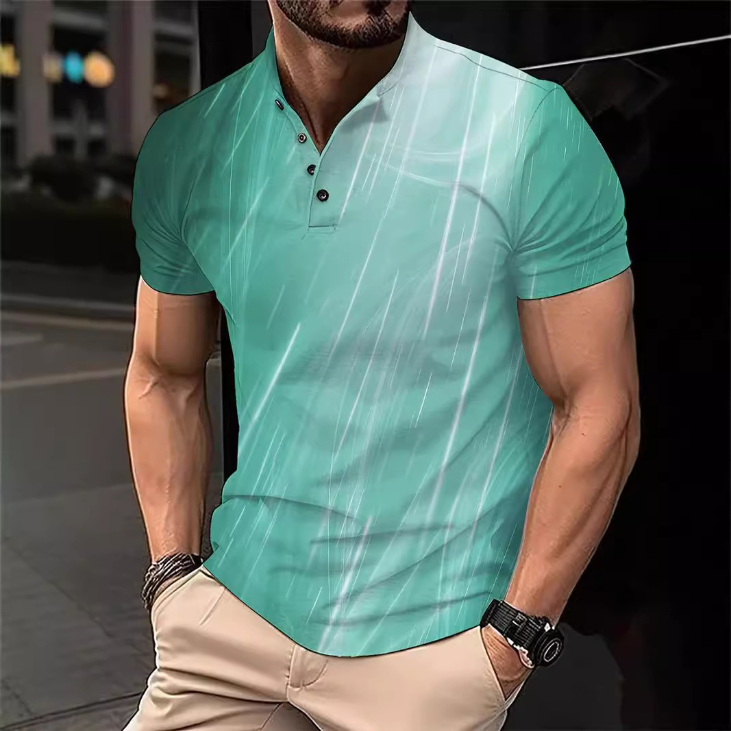 Mens digital printed casual buckle polyester short sleeved T-shirt polo shirt top