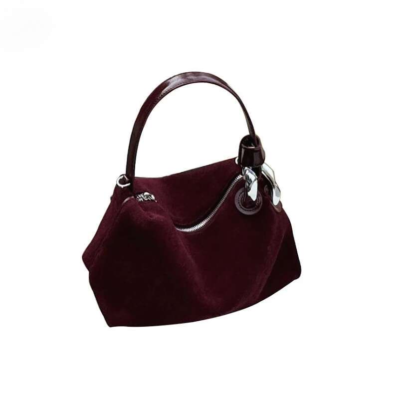 Chic Deep Wine Red Coffee Color Winter Daily-Use Tote Nubuck Leather Women Shoulder Crossbody Bag Chamois