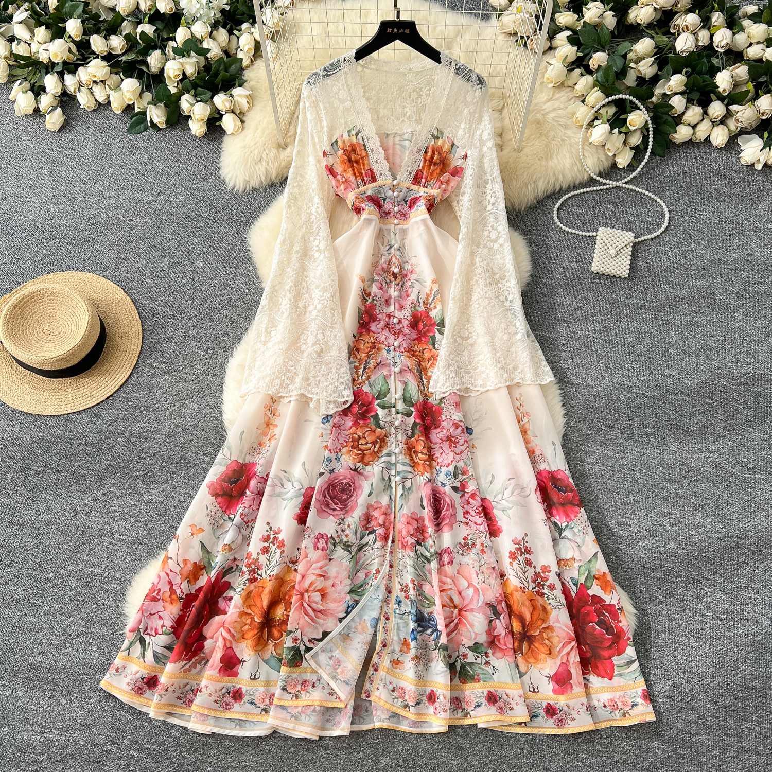 Basic Casual Dresses Summer Holiday Lace Patchwork Chiffon Pleated Dress Women's V-Neck Flare Sleeve Flower Print High Elastic Waist Runway Vesti
