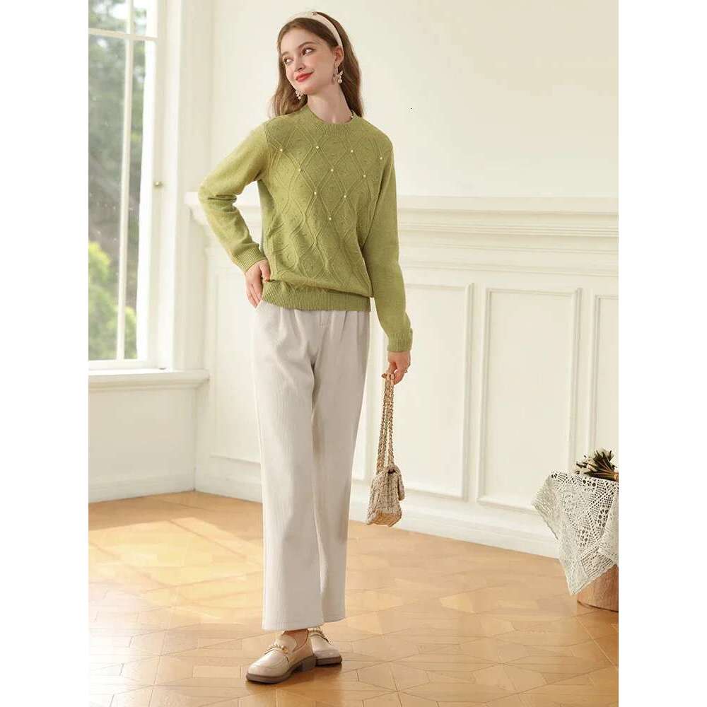 Green Women's Sweaters Lazy Wind Dia Grid Nail Beads Loose Soft Knitwears Jumper Winter New