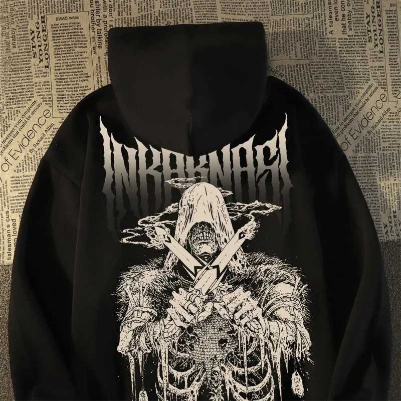 American Street Trend Skeleton Soldier Element Printed Casual Loose Hoodie Large Mens Versatile Sweatshirt W251106