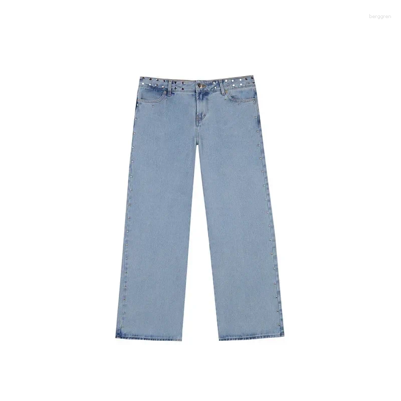 Womens Jeans Y2K Vintage Flash Silver Star Pattern Metal Rivet Female Baggy Casual Straight Leg Denim Pants Simple Women Clothing Z260313