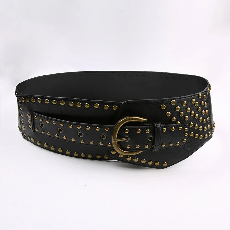 Y2K Rivet Studded Belt Vintage Punk Asymmetric Dress Belts For Women Waist Big Stretch Cummerbunds Female Waist Black Corset 250403