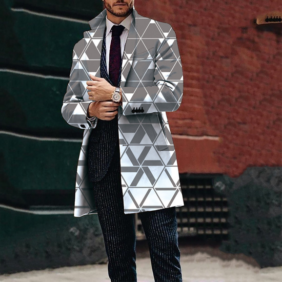 Autumn and winter new mens casual printed woolen medium long coat mens woolen coat