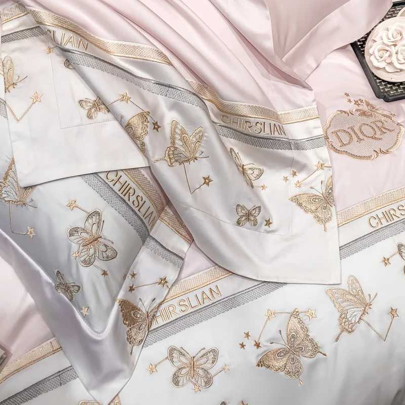 Designer 100 Cotton Bedding Set Luxury Golden Butterfly Embroidery Quilt/Duvet Cover Fitted Bed Sheet Sets Pillowcases Home Textile Y251106