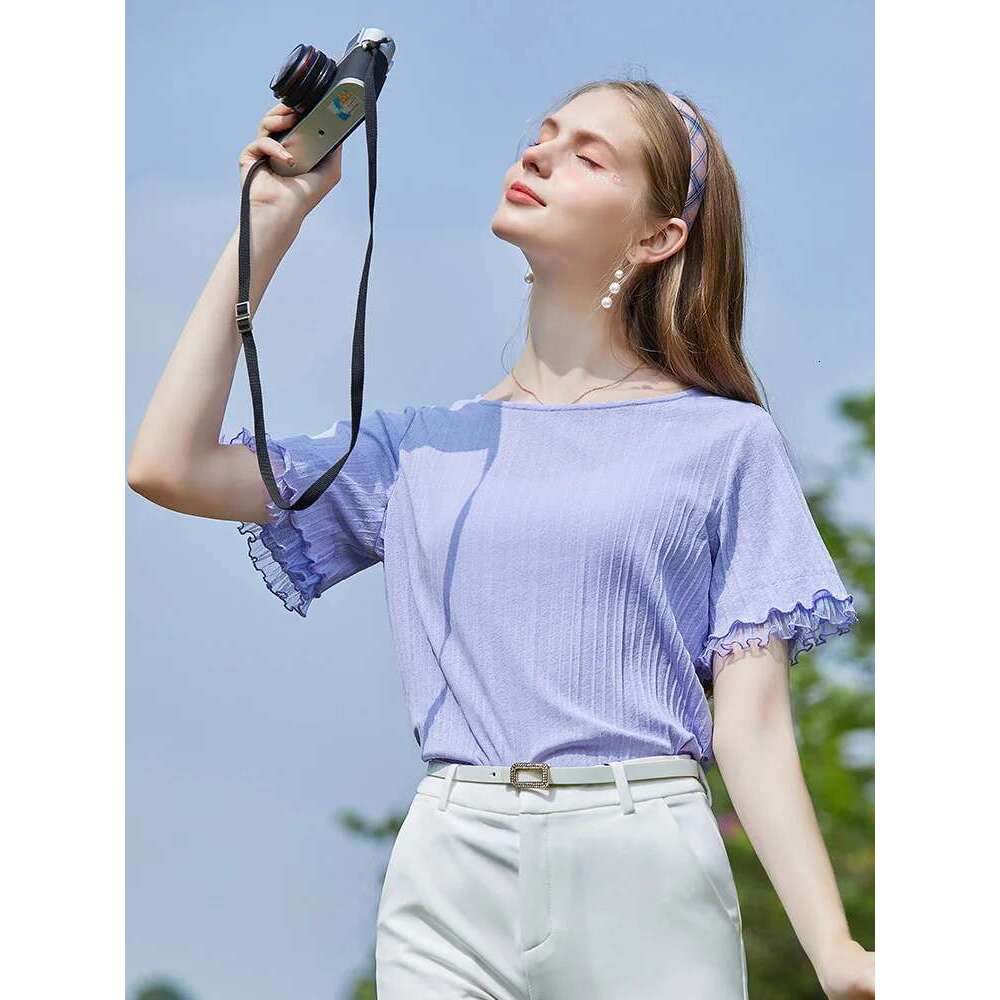 Summer New Women's T-Shirt Sweet Edible Fungus Short Sleeve Solid Slim V-Neck Elegant Knitted Tops