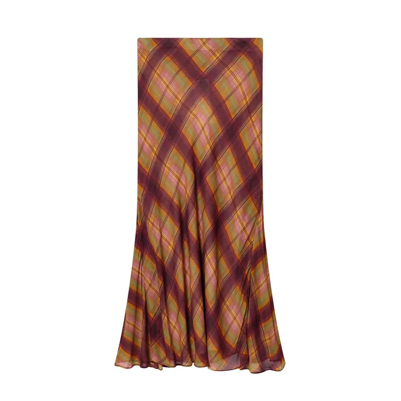 Womens Midi Skirt 2025 Autumn Style Color Block Plaid Long Elegant and Stylish Versatile 251105 - view 3