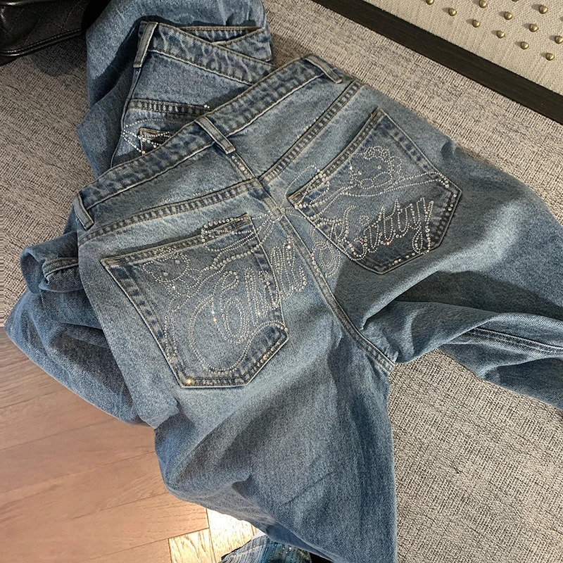 REDDACHiC Sparkly Rhinestone Letters Baggy Jeans Cute Y2k Retro Whiskers Casual Wide Leg Pants Korea Women Trousers Streetwear Z260313